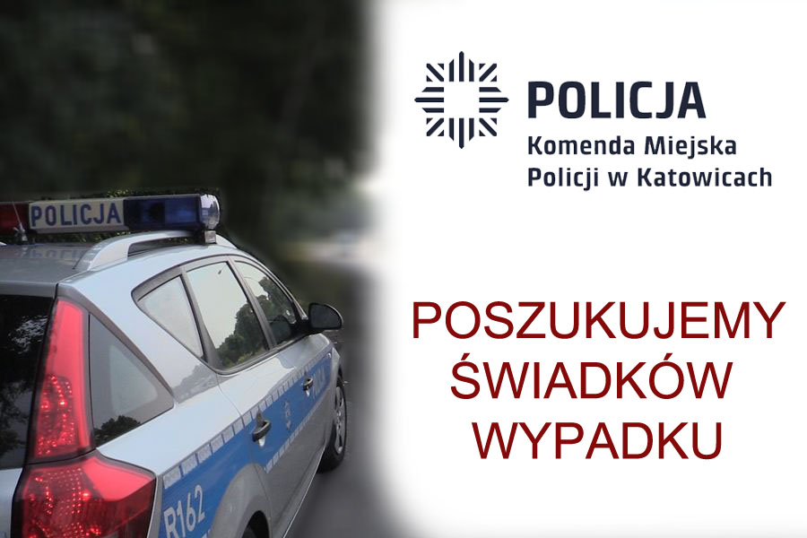 Na zdjęciu widać grafikę z napisem Poszukujemy Świadków Wypadku oraz widać logo policji i radiowóz 
