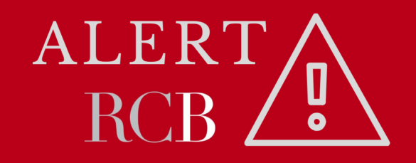 zdjęcie kolorowe: na czerwonym tle biały napsi o treści ALERT RCB i trójkat w środku którego jest znak wykrzyknika