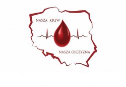zdjęcie kolorowe: infografika przedstawiająca kontur terytorium Polski, w który wpisana jest kropa krwi i napis Nasza krew - Nasza Ojczyzna 