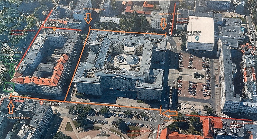 zdjęcie kolorowe: wycinek mapy Katowic w rejonie Sląskiego Urzędu Wojewódzkiego z zaznaczonymi ulicami, które będą wyłączone z ruchu ze względu na protest rolników