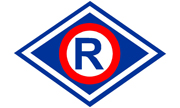 zdjęcie kolorowe: znak graficzny przedstawiający niebieska literę R - znak wydziału ruchu drogowego wpisany w romb