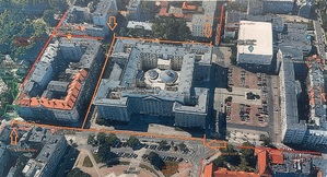 zdjęcie kolorowe: wycinek mapy Katowic w rejonie Sląskiego Urzędu Wojewódzkiego z zaznaczonymi ulicami, które będą wyłączone z ruchu ze względu na protest rolników