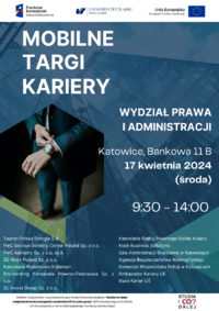 zdjęcie kolorowe: plakat zachęcający do wzięcia udziału w Mobilnych Targach Kariery na Wydziale Prawa i Administracji Uniwersytetu Śląskiego